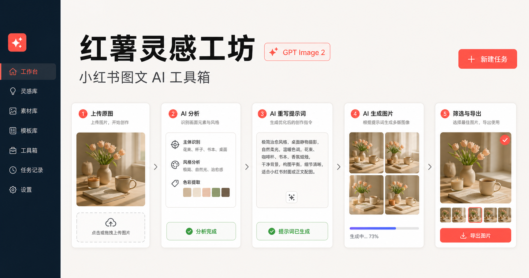 积磊·AI生图工具箱从上传原图到导出图片的五步图文创作工作流